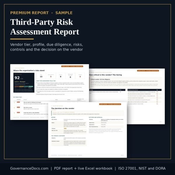 Third-party risk assessment template report sample showing the vendor tier, process score and decision
