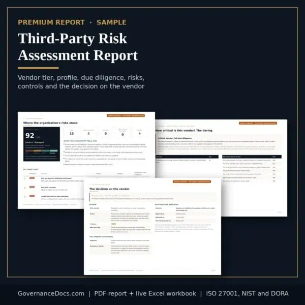 Third-party risk assessment template report sample showing the vendor tier, process score and decision