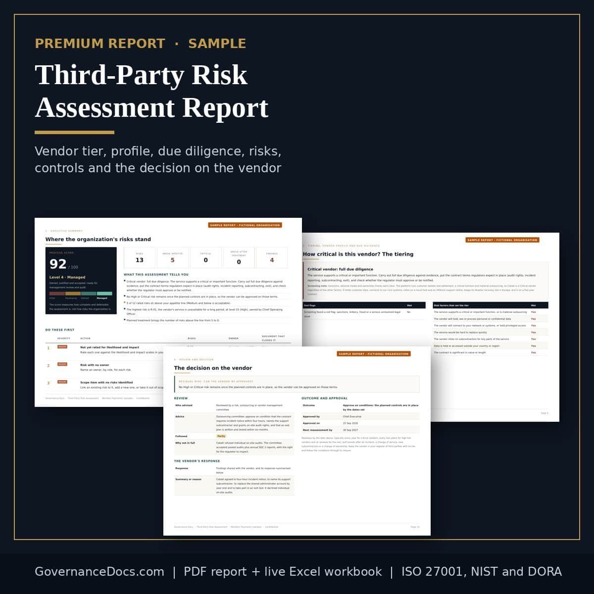 Third-party risk assessment template report sample showing the vendor tier, process score and decision