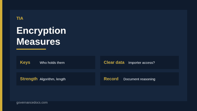 Encryption in a TIA decision flow showing key control, data in the clear and residual risk for a transfer