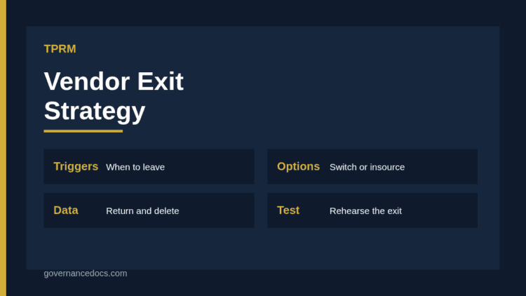 Vendor exit strategy showing triggers, exit options, data return, transition and testing steps