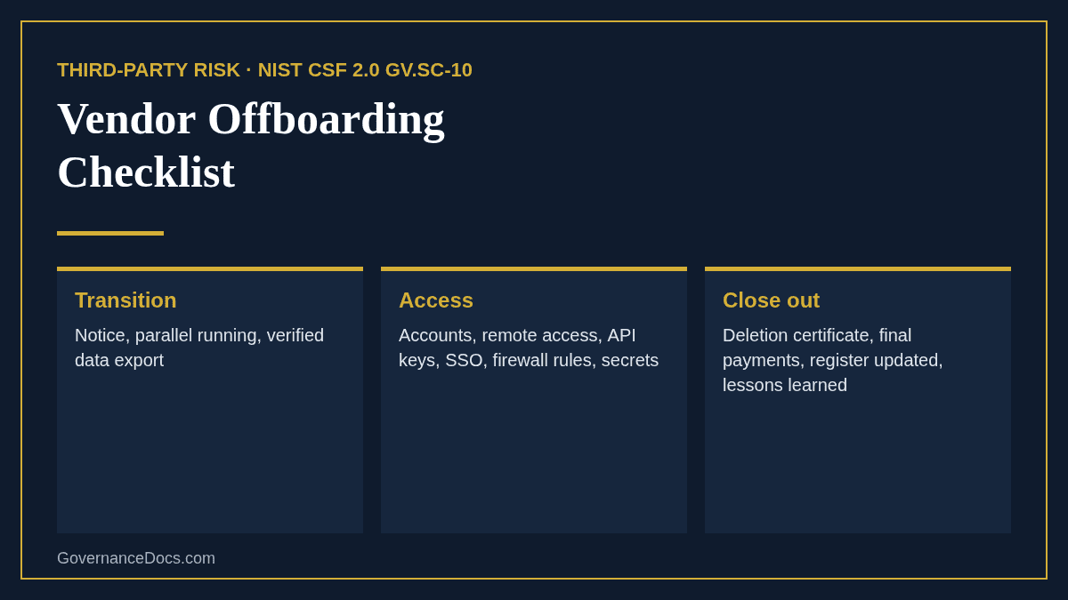 Vendor Offboarding Checklist: The Complete 2026 Guide to Exiting a Vendor Vendor offboarding checklist phases: transition, access removal and close out