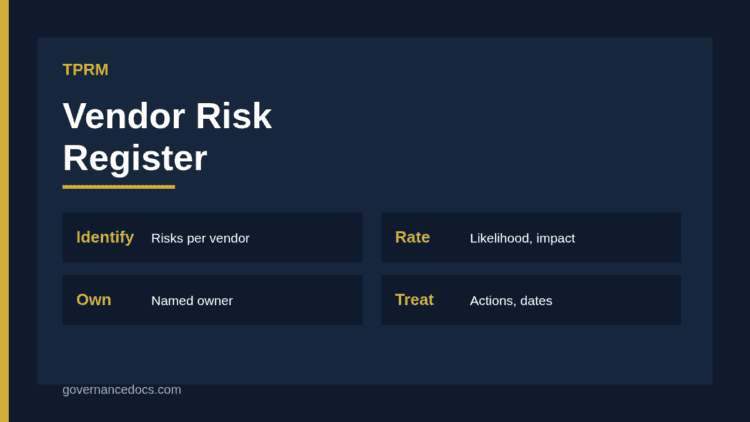 Vendor risk register table with vendor, risk description, rating, owner, treatment and review date columns