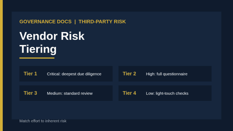 Vendor risk tiering: four tiers from critical to low with due diligence depth for each