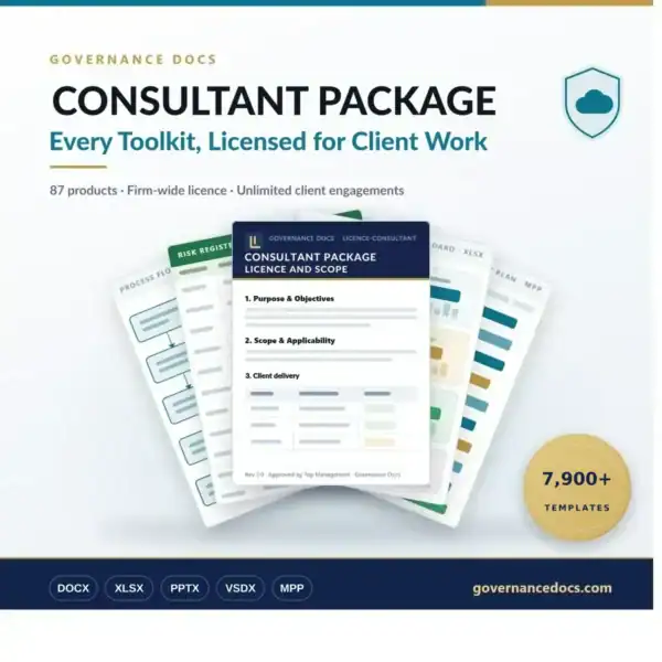 Consultant Package hero image - all 87 Governance Docs toolkits, 7,900+ editable templates licensed for unlimited client work