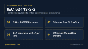 IEC 62443-3-3 overview showing 7 foundational requirements, 51 system requirements and security levels