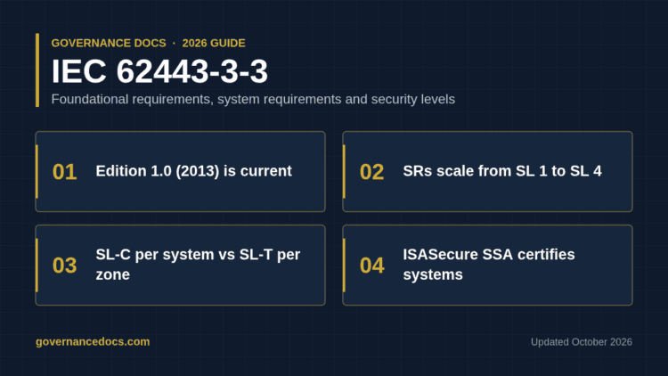 IEC 62443-3-3 overview showing 7 foundational requirements, 51 system requirements and security levels
