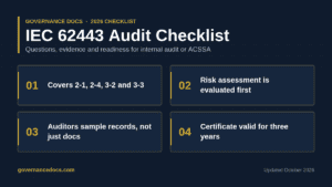 IEC 62443 audit checklist for asset owners preparing an internal audit or ISASecure ACSSA evaluation