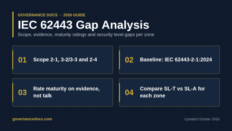 IEC 62443 gap analysis steps for asset owners: scoping, evidence sampling, maturity rating and SL-T vs SL-A comparison
