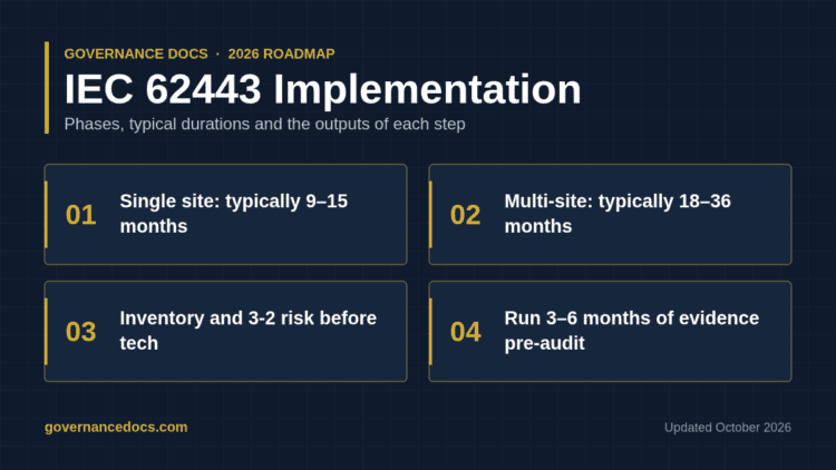 IEC 62443 implementation roadmap showing nine phases and typical durations for single-site and multi-site programs