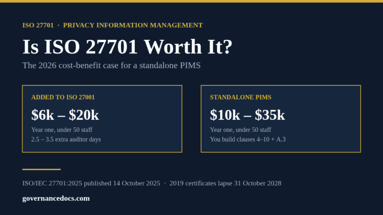 Is ISO 27701 worth it in 2026 — cost comparison of standalone PIMS and ISO 27001 bolt-on routes