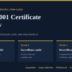 ISO 27001 certificate validity three-year cycle: surveillance audits in years one and two, recertification in year three