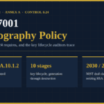 ISO 27001 cryptography policy requirements under Annex A 8.24, key lifecycle and NIST transition dates