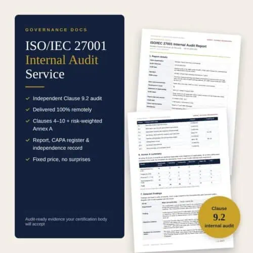 ISO/IEC 27001 internal audit service by Governance Docs with sample audit report pages