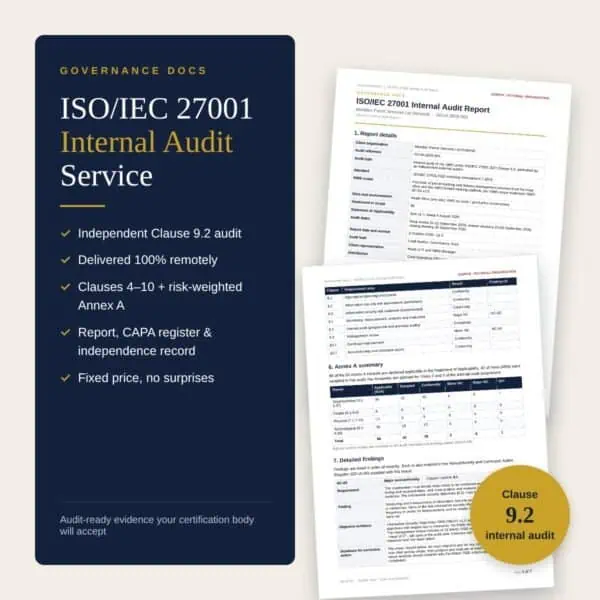 ISO/IEC 27001 internal audit service by Governance Docs with sample audit report pages