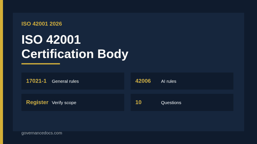 ISO 42001 certification body selection checklist covering accreditation, scope and auditor competence