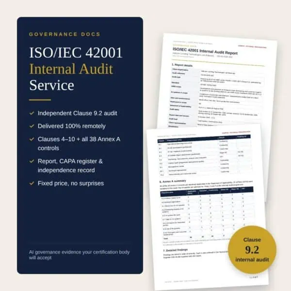 ISO/IEC 42001 internal audit service by Governance Docs with sample audit report pages
