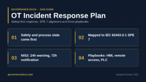 OT incident response plan guide covering IEC 62443 SPE 7 alignment, NIS2 reporting deadlines and OT playbooks
