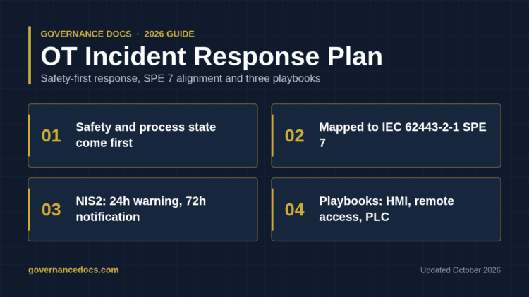 OT incident response plan guide covering IEC 62443 SPE 7 alignment, NIS2 reporting deadlines and OT playbooks