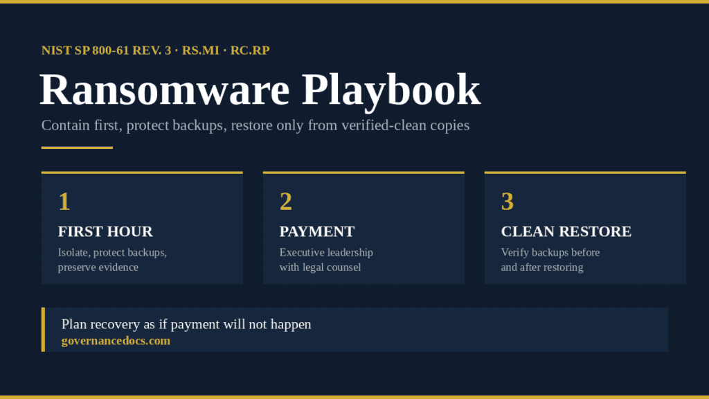 ransomware playbook — Contain first, protect backups, restore only from verified-clean copies